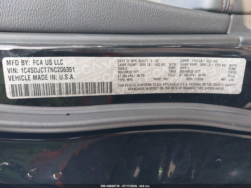 2022 Dodge Durango VIN 1C4SDJCT7NC206351 IAAI salvage auction — FRONT END, Salvage Title, sold $11,600 on 2026-09-04 (photo 9)