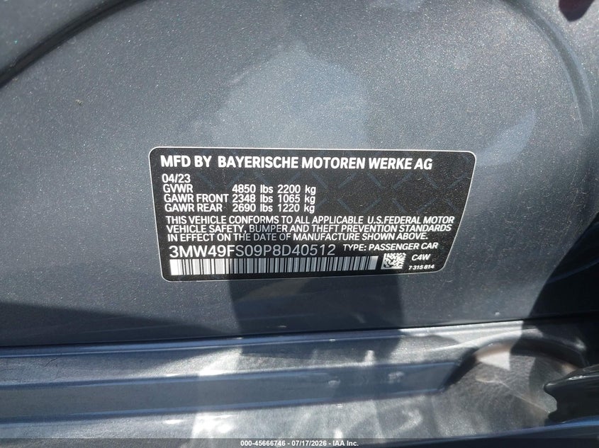 2023 BMW 3er VIN 3MW49FS09P8D40512 IAAI salvage auction — LEFT SIDE, Salvage Title, sold $27,000 on 2026-07-31 (photo 9)