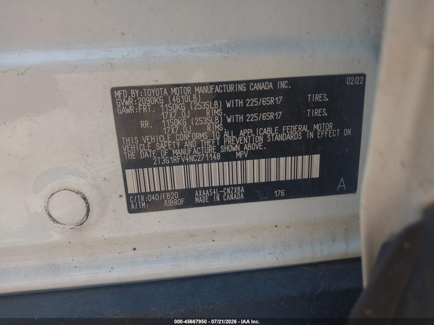 2022 Toyota Rav4 VIN 2T3G1RFV4NC271148 IAAI salvage auction — FRONT END, Clear (Indiana), sold $7,600 on 2026-07-28 (photo 9)
