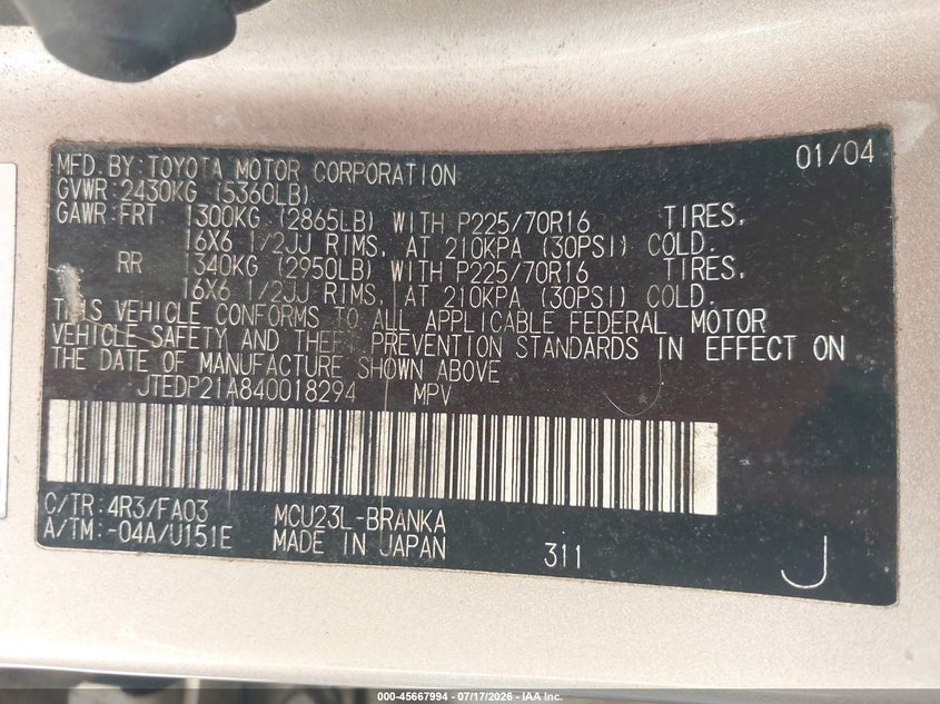 2004 Toyota Highlander VIN JTEDP21A840018294 IAAI salvage auction — NORMAL WEAR, Clear (Florida), sold $750 on 2026-07-23 (photo 9)