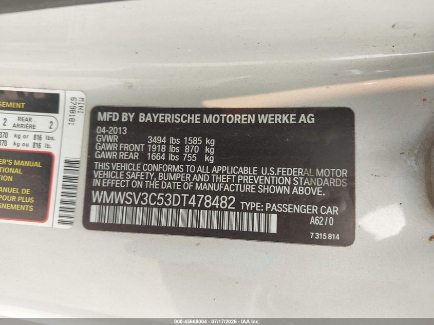 2013 Mini Hard top VIN WMWSV3C53DT478482 IAAI salvage auction — UNKNOWN, Wait Title, sold $450 on 2026-08-18 (photo 9)