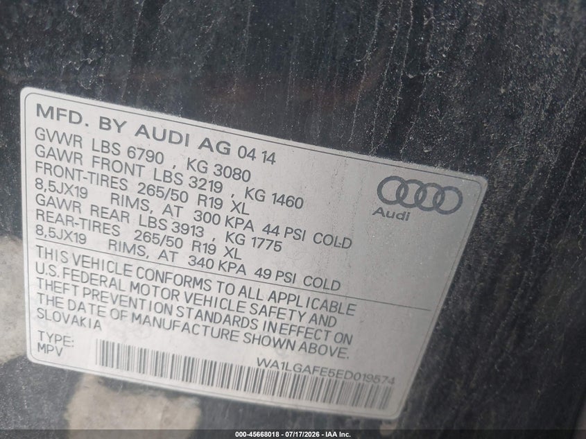 2014 Audi Q7 VIN WA1LGAFE5ED019574 IAAI salvage auction — FRONT END, Clear (Massachusetts), sold $775 on 2026-07-31 (photo 9)