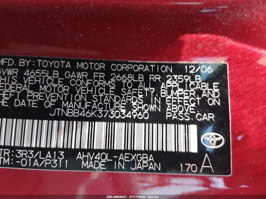 2007 Toyota Camry hybrid VIN JTNBB46K373034960 IAAI salvage auction — NORMAL WEAR, Clear (Pennsylvania), sold $1,100 on 2026-07-30 (photo 9)
