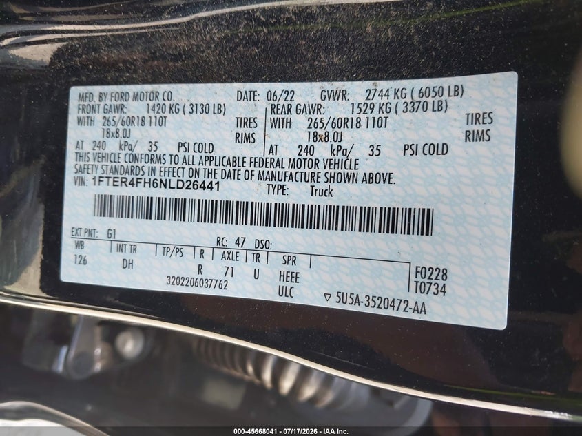 2022 Ford Ranger VIN 1FTER4FH6NLD26441 IAAI salvage auction — FRONT END, Salvage Title, sold $7,600 on 2026-08-20 (photo 9)