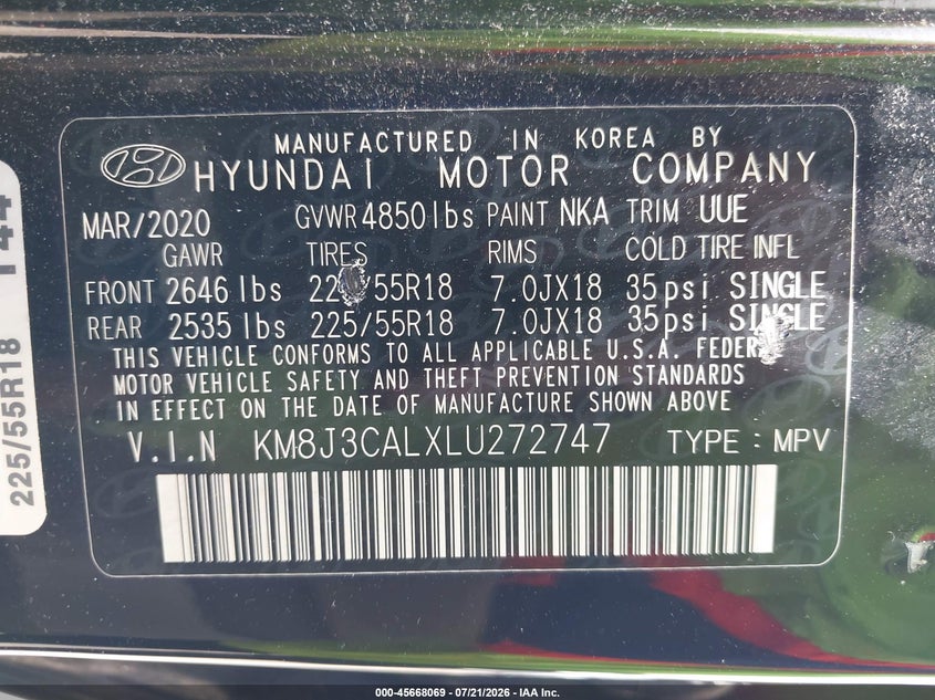 2020 Hyundai Tucson VIN KM8J3CALXLU272747 IAAI salvage auction — REAR END, Salvage - Greater Than 75% (Maryland), sold $4,650 on 2026-08-01 (photo 9)