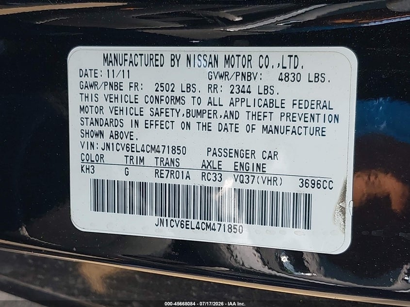 2012 Infiniti G37 VIN JN1CV6EL4CM471850 IAAI salvage auction — NORMAL WEAR, Clear (New Jersey), sold $25 on 2026-07-29 (photo 9)