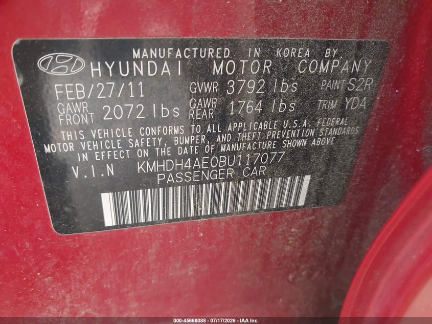 2011 Hyundai Elantra VIN KMHDH4AE0BU117077 IAAI salvage auction — NORMAL WEAR, Clear (Virginia), sold $125 on 2026-07-24 (photo 9)