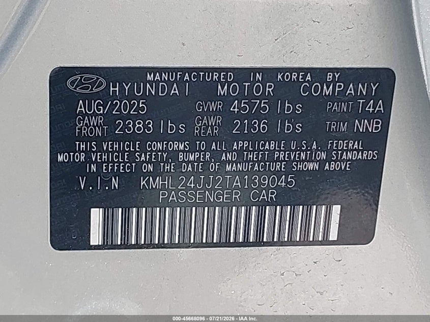 2026 Hyundai Sonata hybrid VIN KMHL24JJ2TA139045 IAAI salvage auction — REAR END, Clear (Florida), sold $9,600 on 2026-07-23 (photo 9)