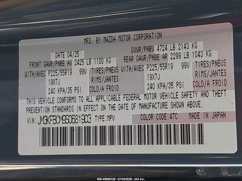2025 Mazda Cx-5 VIN JM3KFBCM9S0681903 IAAI salvage auction — FRONT END, Clear (Kansas), sold $8,050 on 2026-07-30 (photo 9)