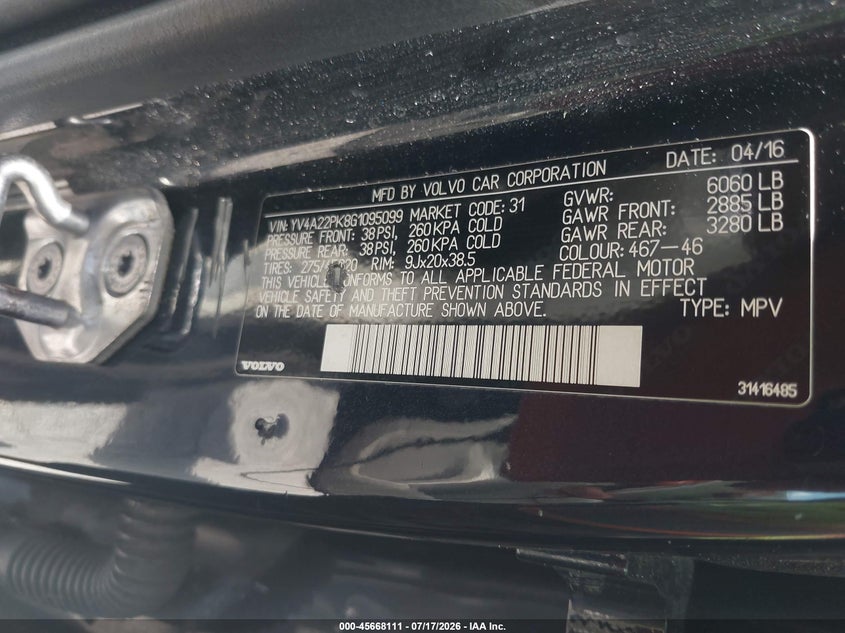 2016 Volvo Xc90 VIN YV4A22PK8G1095099 IAAI salvage auction — NORMAL WEAR, Clear (Illinois), sold $1,050 on 2026-07-23 (photo 9)