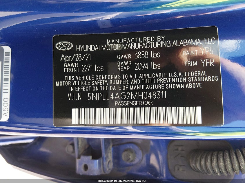 2021 Hyundai Elantra VIN 5NPLL4AG2MH048311 IAAI salvage auction — SIDE, Sf97 (New York), sold $9,050 on 2026-08-20 (photo 9)
