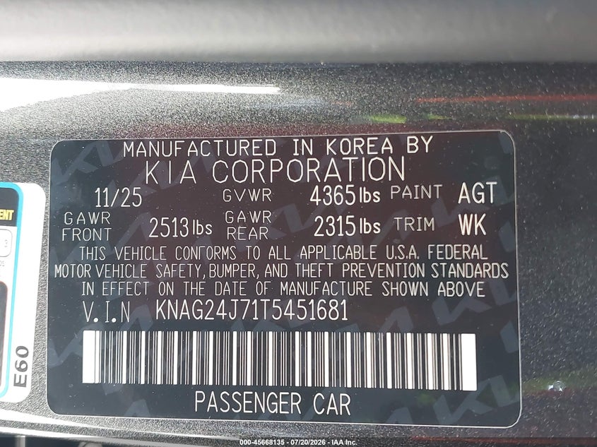 2026 Kia K5 VIN KNAG24J71T5451681 IAAI salvage auction — RIGHT SIDE, Salvage Title, sold $7,500 on 2026-08-02 (photo 9)