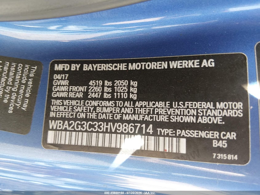 2017 BMW 2er VIN WBA2G3C33HV986714 IAAI salvage auction — FRONT END, Salvage Title, sold $9,200 on 2026-08-27 (photo 9)
