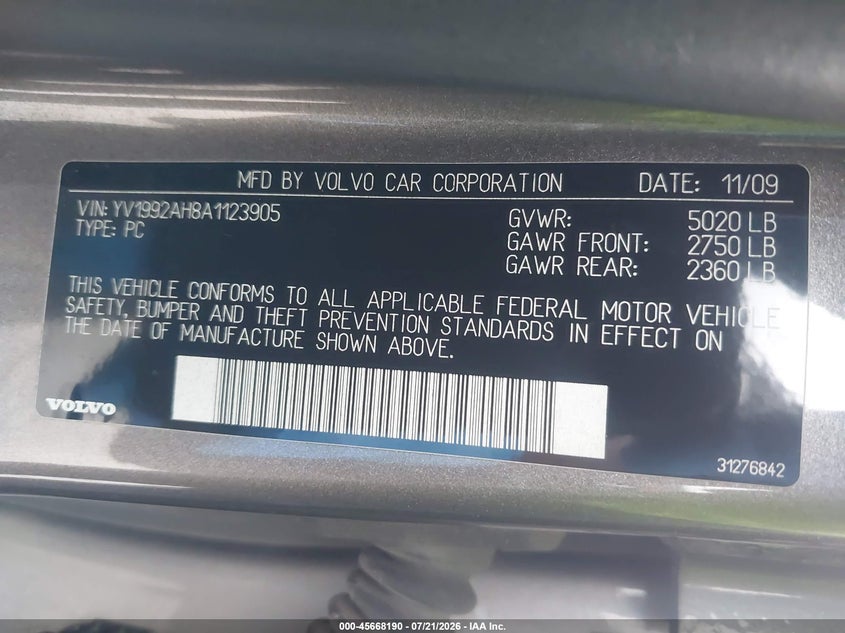 2010 Volvo S80 VIN YV1992AH8A1123905 IAAI salvage auction — FRONT & REAR, Salvage (Pennsylvania), sold $150 on 2026-08-03 (photo 9)