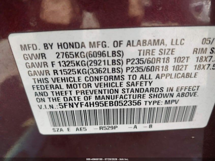 2014 Honda Pilot VIN 5FNYF4H95EB052356 IAAI salvage auction — FRONT END, Salvage Title, sold $525 on 2026-07-25 (photo 9)