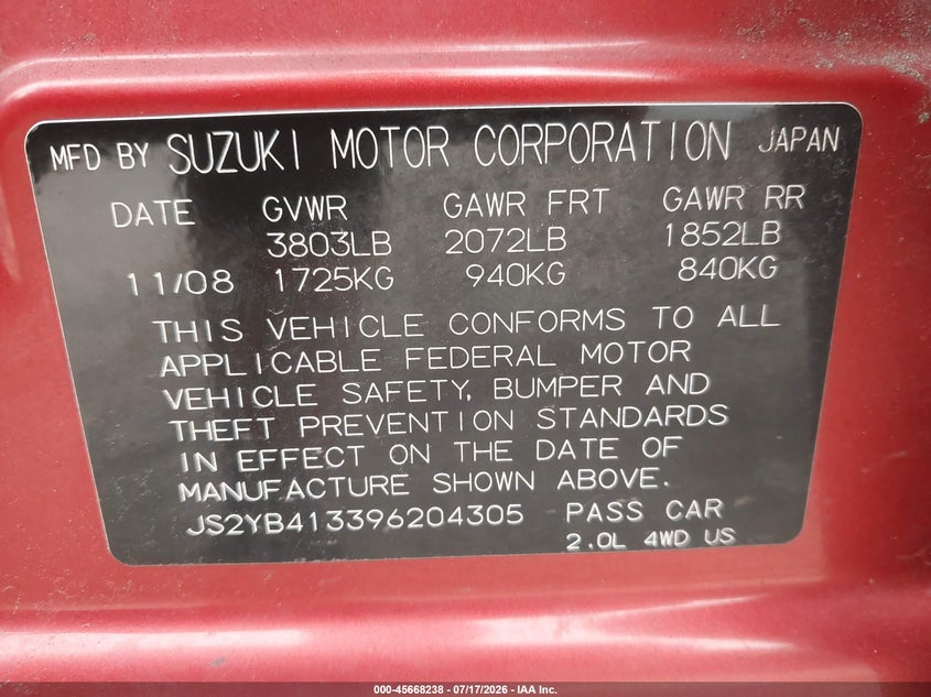 2009 Suzuki Sx4 VIN JS2YB413396204305 IAAI salvage auction — NORMAL WEAR, Clear (Pennsylvania), sold $175 on 2026-07-28 (photo 9)