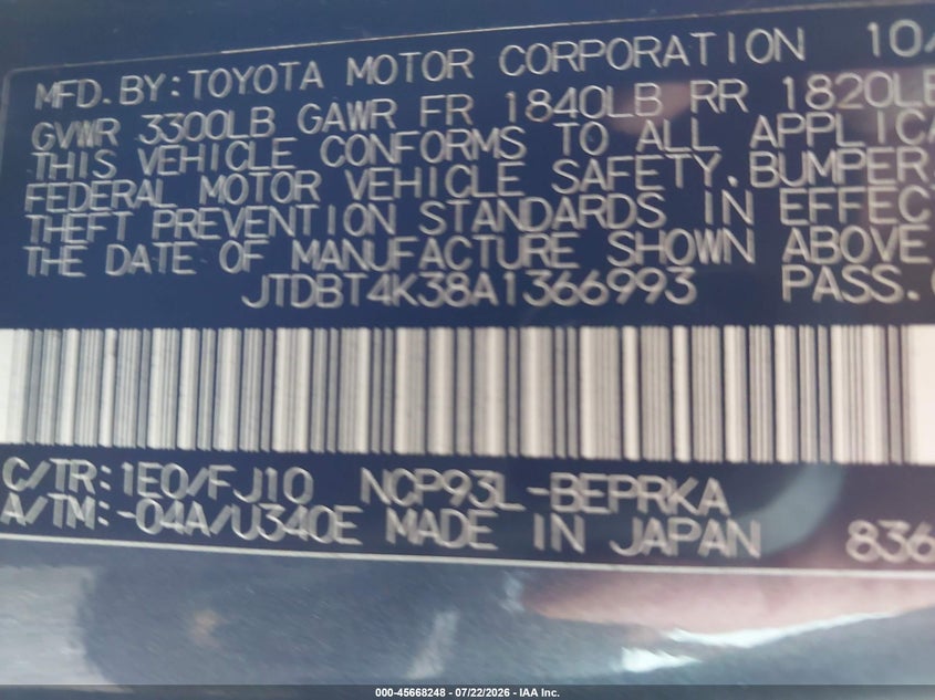 2010 Toyota Yaris VIN JTDBT4K38A1366993 IAAI salvage auction — NORMAL WEAR, Clear (New Jersey), sold $550 on 2026-07-28 (photo 9)