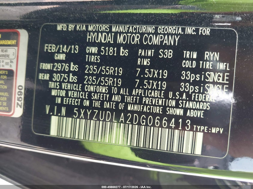 2013 Hyundai Santa fe VIN 5XYZUDLA2DG066413 IAAI salvage auction — NORMAL WEAR, Clear (Pennsylvania), sold $825 on 2026-07-24 (photo 9)