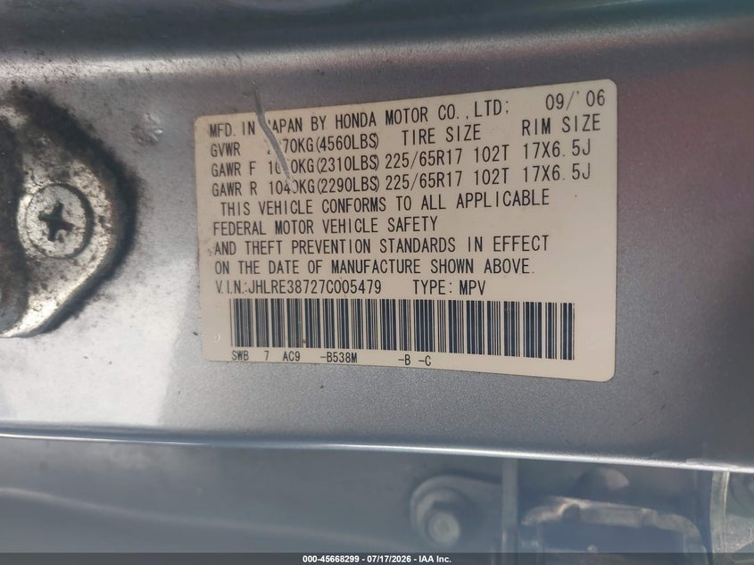 2007 Honda Cr-v VIN JHLRE38727C005479 IAAI salvage auction — NORMAL WEAR, Clear (Florida), sold $25 on 2026-07-30 (photo 9)