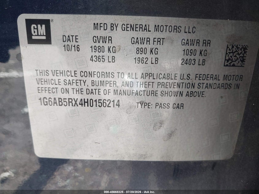 2017 Cadillac Ats VIN 1G6AB5RX4H0156214 IAAI salvage auction — REAR END, Wait Title, sold $25 on 2026-08-26 (photo 9)