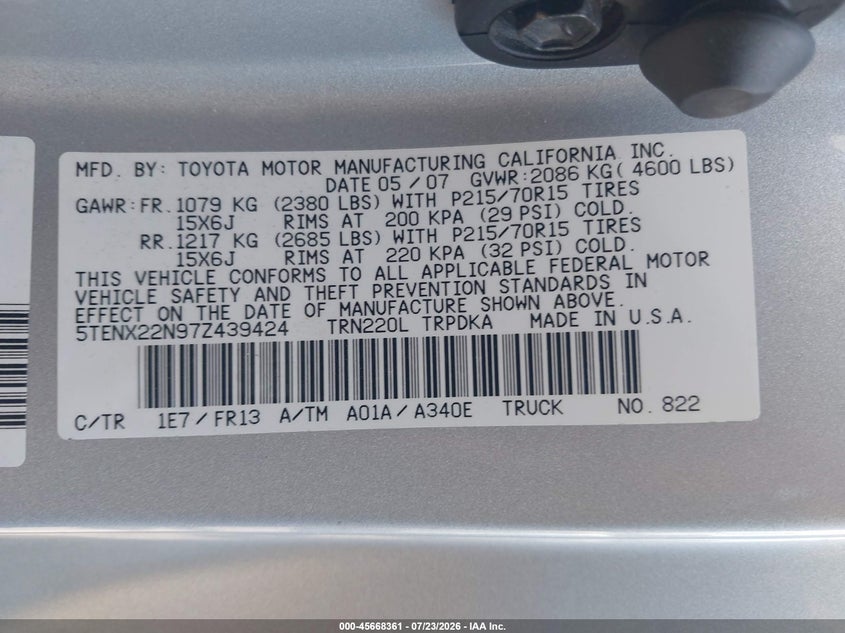 2007 Toyota Tacoma VIN 5TENX22N97Z439424 IAAI salvage auction — NORMAL WEAR, Clear (Utah), sold $125 on 2026-07-30 (photo 9)