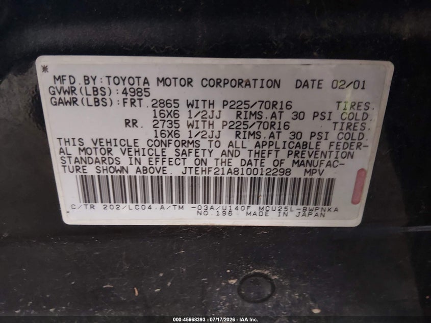 2001 Toyota Highlander VIN JTEHF21A810012298 IAAI salvage auction — NORMAL WEAR, Salvage (Arizona), sold $225 on 2026-07-28 (photo 9)