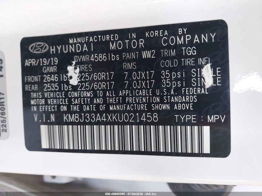 2019 Hyundai Tucson VIN KM8J33A4XKU021458 IAAI salvage auction — FRONT END, Salvage Title, sold $3,300 on 2026-08-02 (photo 9)