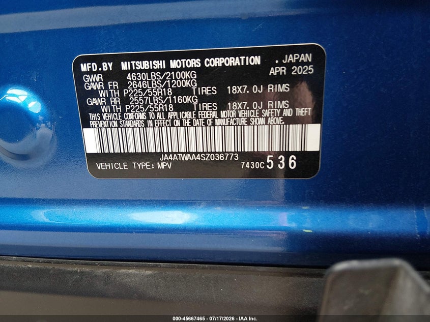 2025 Mitsubishi Eclipse cross VIN JA4ATWAA4SZ036773 IAAI salvage auction — FRONT END, Salvage Title, sold $8,000 on 2026-07-22 (photo 9)