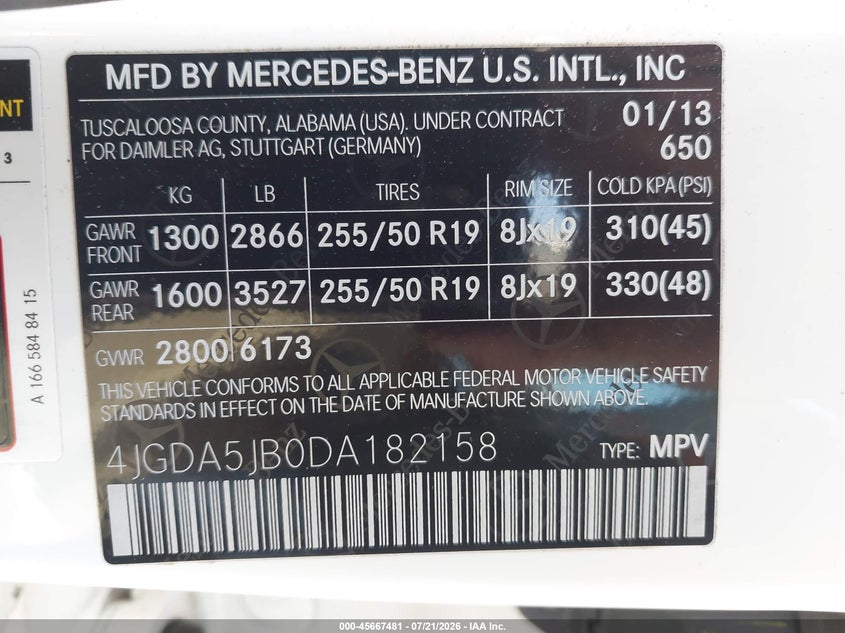 2013 Mercedes-benz M-klasse VIN 4JGDA5JB0DA182158 IAAI salvage auction — FRONT END, Salvage (Florida), sold $6,800 on 2026-08-05 (photo 9)