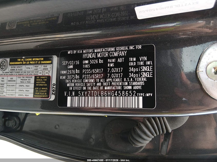 2017 Hyundai Santa fe VIN 5XYZTDLB6HG458652 IAAI salvage auction — NORMAL WEAR, Original (Texas), sold $925 on 2026-07-30 (photo 9)