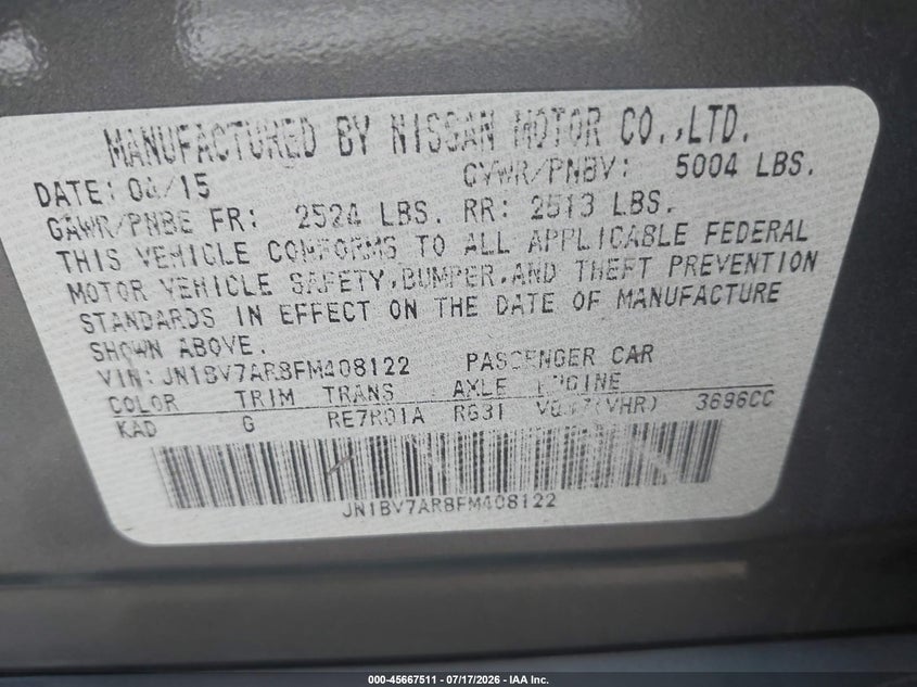 2015 Infiniti Q50 VIN JN1BV7AR8FM408122 IAAI salvage auction — NORMAL WEAR, Salvage Title, sold $2,700 on 2026-07-22 (photo 9)