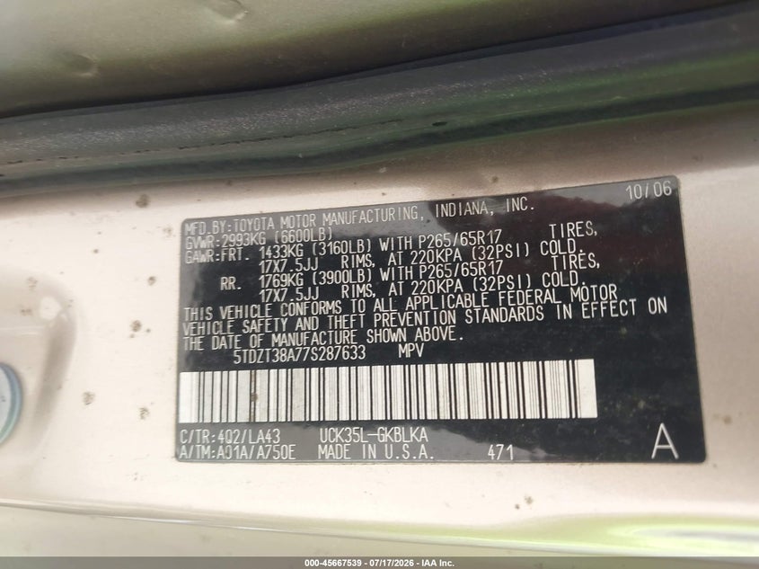 2007 Toyota Sequoia VIN 5TDZT38A77S287633 IAAI salvage auction — ALL OVER, Original (Texas), sold $500 on 2026-07-28 (photo 9)