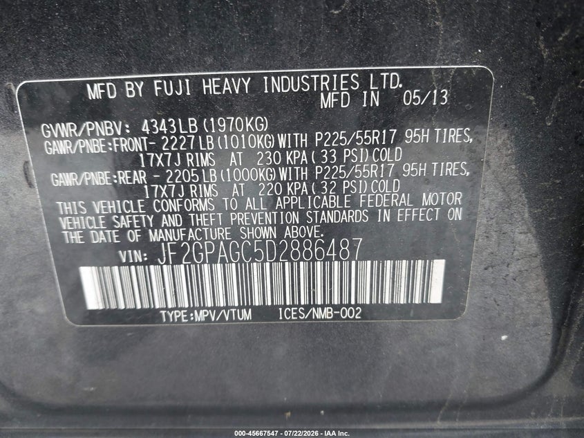 2013 Subaru Xv VIN JF2GPAGC5D2886487 IAAI salvage auction — REAR END, Clear (Massachusetts), sold $925 on 2026-07-28 (photo 9)