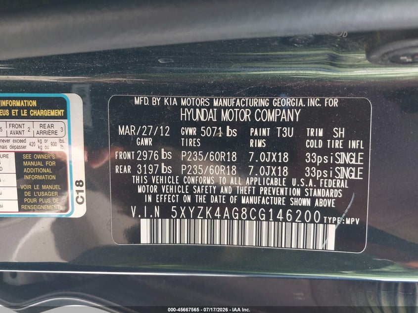2012 Hyundai Santa fe VIN 5XYZK4AG8CG146200 IAAI salvage auction — NORMAL WEAR, Clear (Texas), sold $875 on 2026-07-30 (photo 9)