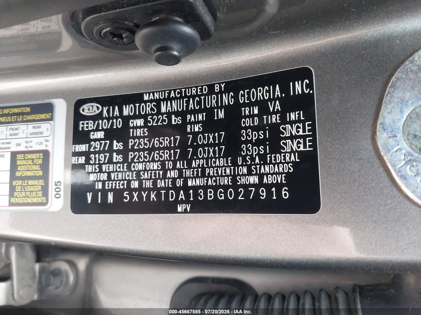 2011 Kia Sorento VIN 5XYKTDA13BG027916 IAAI salvage auction — NORMAL WEAR, Clear (Minnesota), sold $1,000 on 2026-07-29 (photo 9)