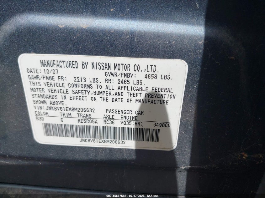 2008 Infiniti G35 VIN JNKBV61EX8M206632 IAAI salvage auction — FRONT END, Original (Texas), sold $25 on 2026-07-28 (photo 9)
