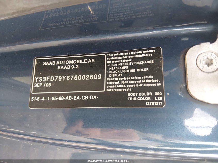 2007 Saab 9-3 VIN YS3FD79Y676002609 IAAI salvage auction — NORMAL WEAR, Clear (Alabama), sold $200 on 2026-08-19 (photo 9)