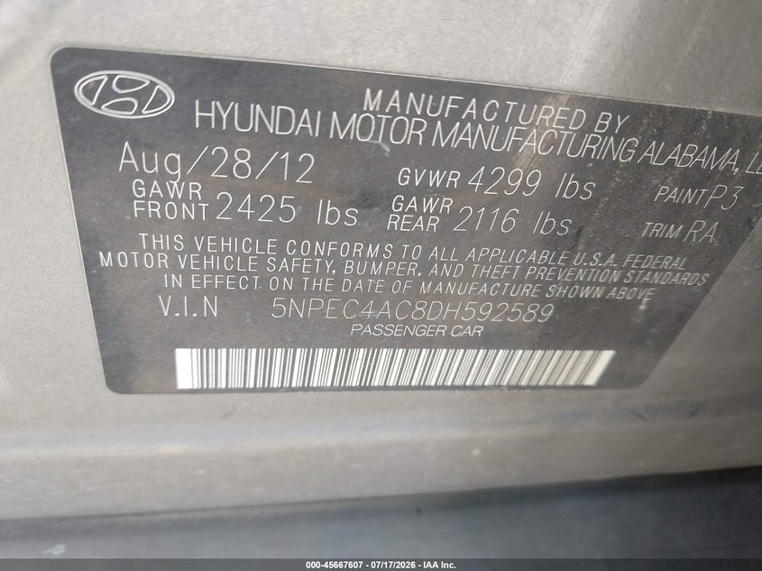 2013 Hyundai Sonata VIN 5NPEC4AC8DH592589 IAAI salvage auction — SIDE, Wait Title, sold $925 on 2026-07-31 (photo 9)
