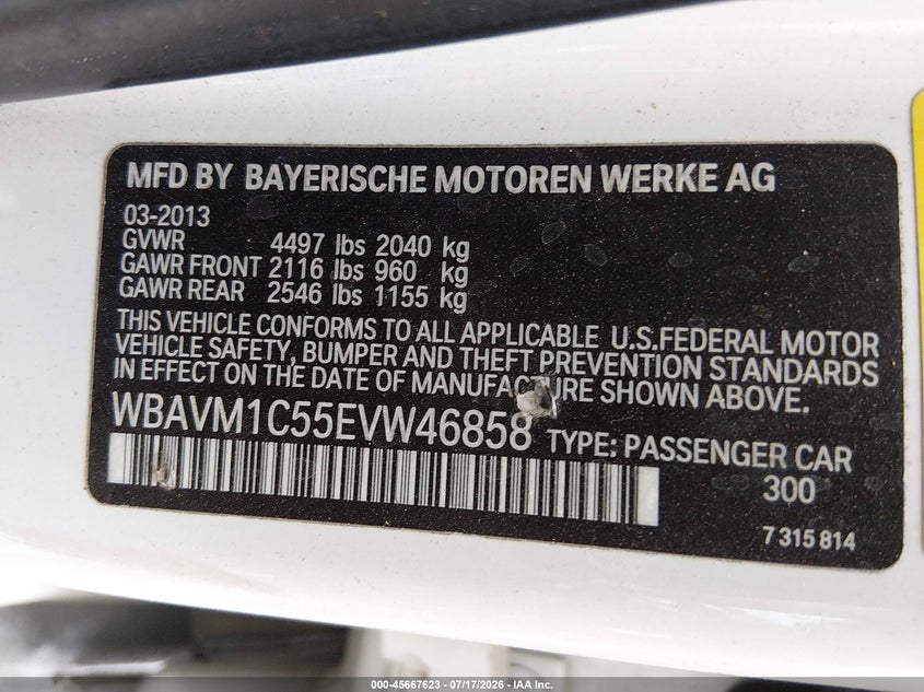 2014 BMW X1 VIN WBAVM1C55EVW46858 IAAI salvage auction — NORMAL WEAR, Regular (Nevada), sold $800 on 2026-07-31 (photo 9)