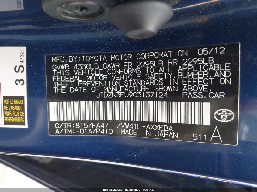 2012 Toyota Prius v VIN JTDZN3EU9C3137124 IAAI salvage auction — NORMAL WEAR, Clear - Dealer Only (California), sold $2,400 on 2026-08-01 (photo 9)