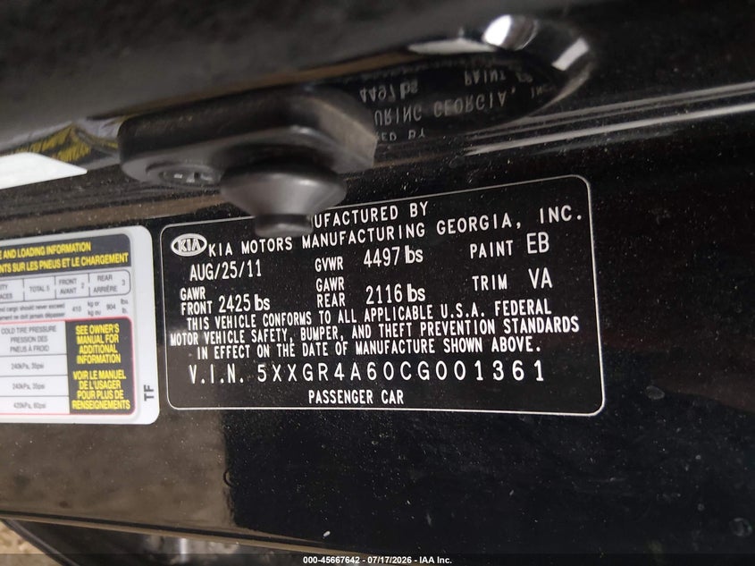 2012 Kia Optima VIN 5XXGR4A60CG001361 IAAI salvage auction — SIDE, Salvage (Arizona), sold $925 on 2026-07-29 (photo 9)