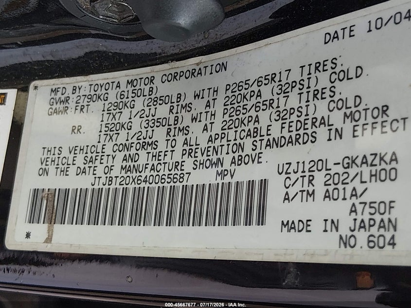 2004 Lexus Gx 470 VIN JTJBT20X640065687 IAAI salvage auction — NORMAL WEAR, Original (Texas), sold $1,150 on 2026-07-28 (photo 9)