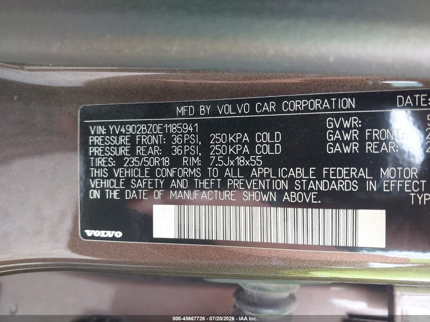 2014 Volvo Xc70 VIN YV4902BZ0E1185941 IAAI salvage auction — NORMAL WEAR, Clear - Dealer Only (California), sold $2,425 on 2026-07-30 (photo 9)