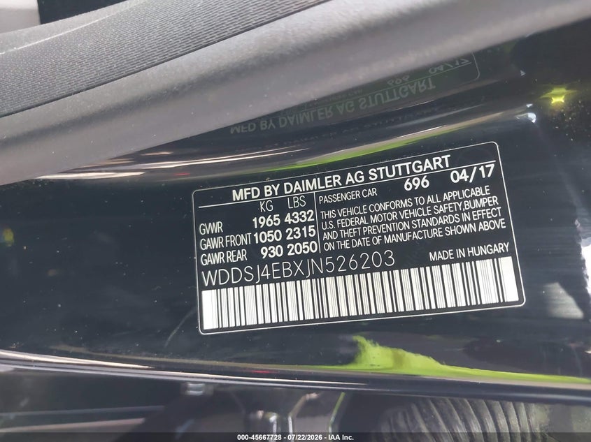 2018 Mercedes-benz Cla-klasse VIN WDDSJ4EBXJN526203 IAAI salvage auction — FRONT & REAR, Rebuildable (Florida), sold $1,350 on 2026-08-18 (photo 9)