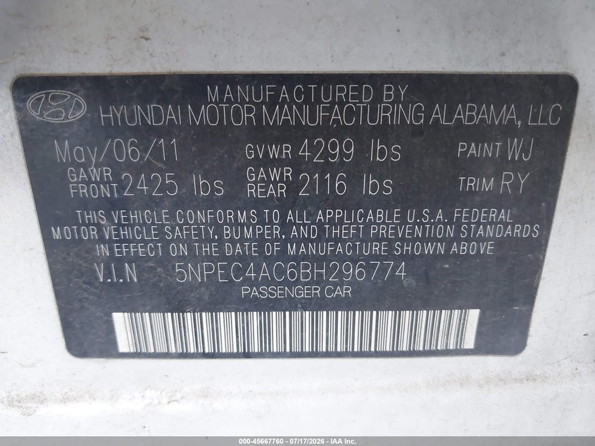 2011 Hyundai Sonata VIN 5NPEC4AC6BH296774 IAAI salvage auction — NORMAL WEAR, Clear - Dealer Only (California), sold $25 on 2026-07-28 (photo 9)
