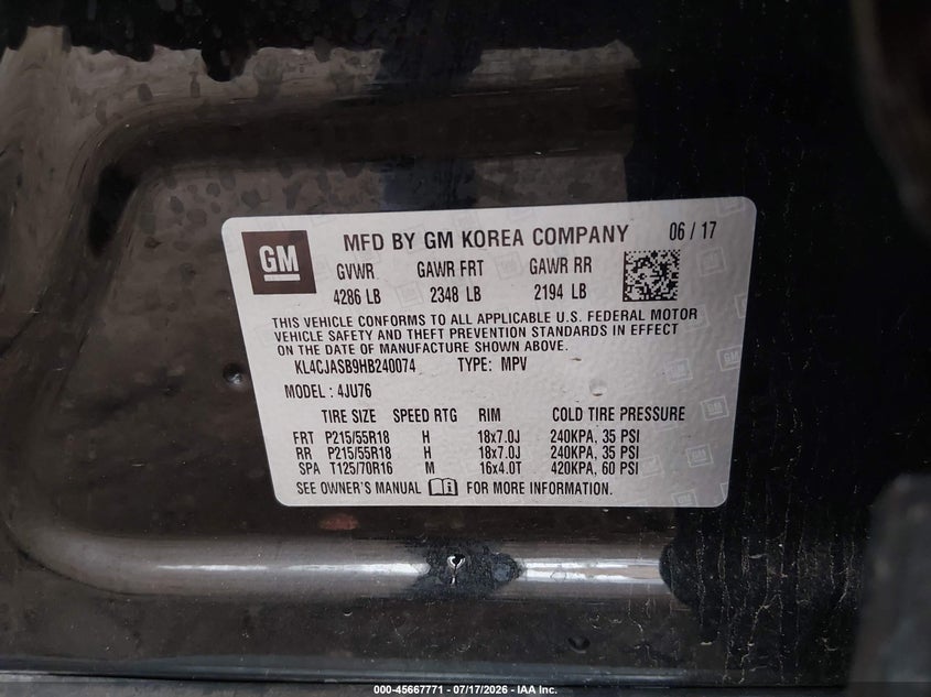 2017 Buick Encore VIN KL4CJASB9HB240074 IAAI salvage auction — FRONT END, Wait Title, sold $1,750 on 2026-08-29 (photo 9)