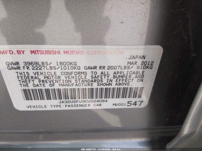 2012 Mitsubishi Lancer VIN JA32U2FU9CU024084 IAAI salvage auction — NORMAL WEAR, Original (Texas), sold $1,775 on 2026-08-03 (photo 9)