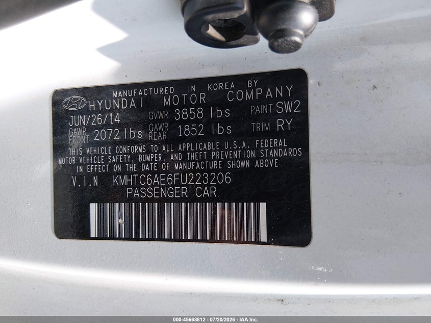 2015 Hyundai Veloster VIN KMHTC6AE6FU223206 IAAI salvage auction — UNKNOWN, Salvage Title, sold $975 on 2026-08-01 (photo 9)