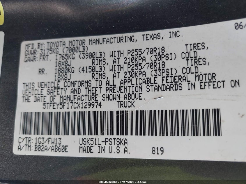 2012 Toyota Tundra VIN 5TFEY5F17CX129974 IAAI salvage auction — ALL OVER, Salvage Title, sold $50 on 2026-07-22 (photo 9)