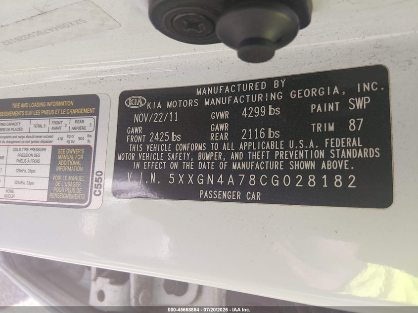 2012 Kia Optima VIN 5XXGN4A78CG028182 IAAI salvage auction — REAR END, Salvage (Texas), sold $775 on 2026-07-31 (photo 9)